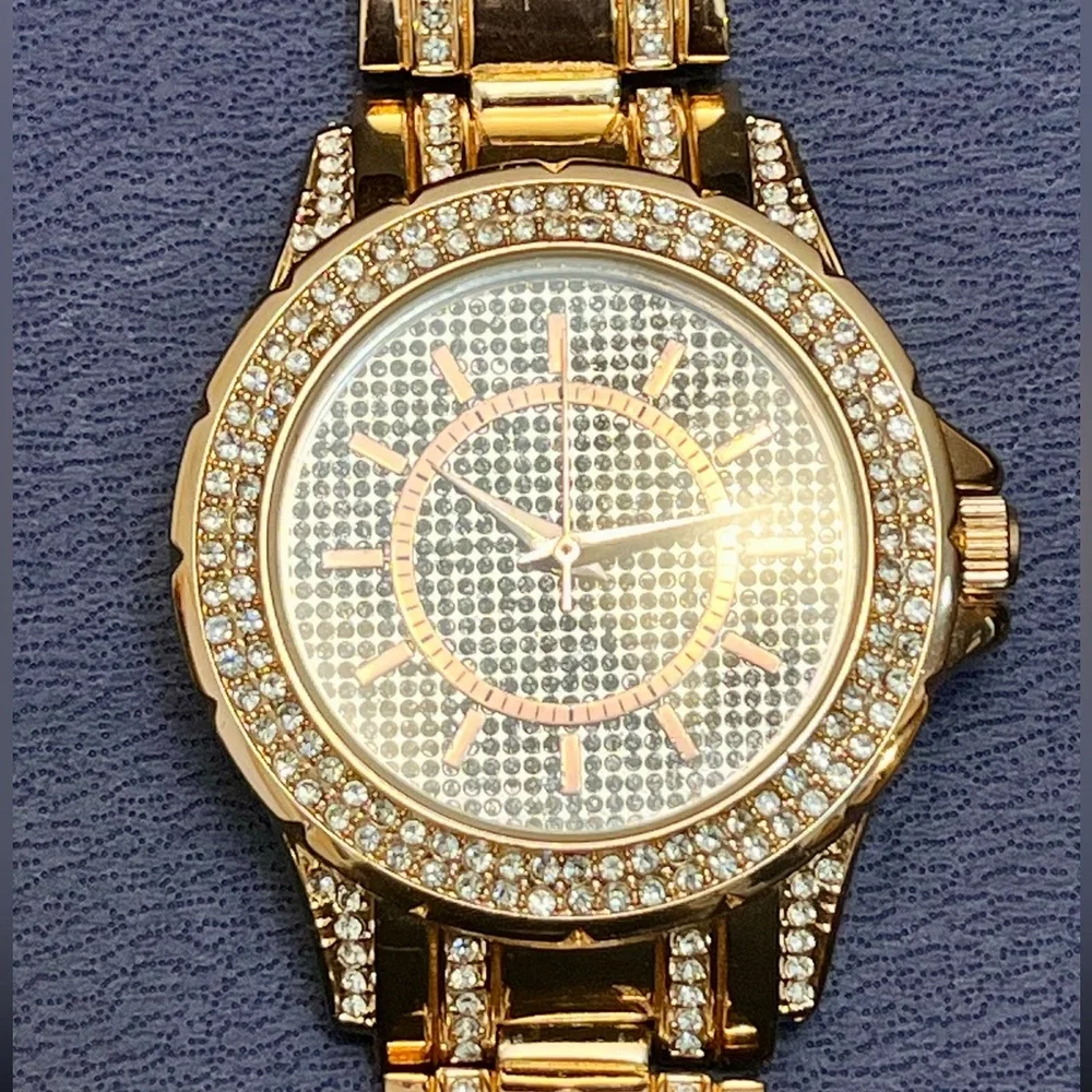 FMDAL Oversized Gold Glitz Watch Iced Out Pavé Rhinestone Statement Bling Glam